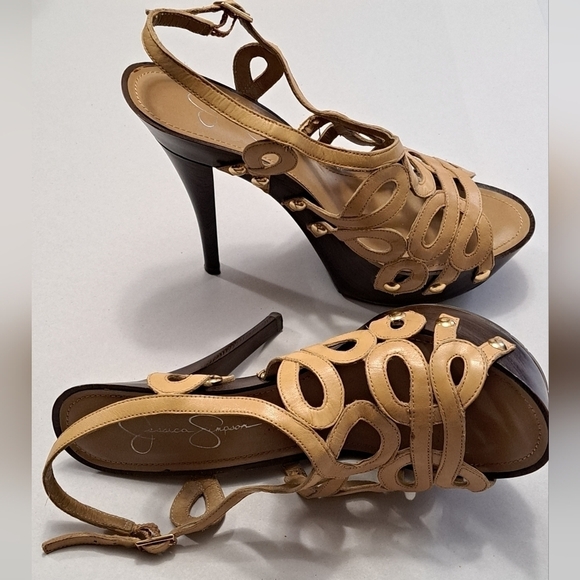 Jessica Simpson Nude Open Toe Leather Sandals Size 7 1/2 - Picture 1 of 12